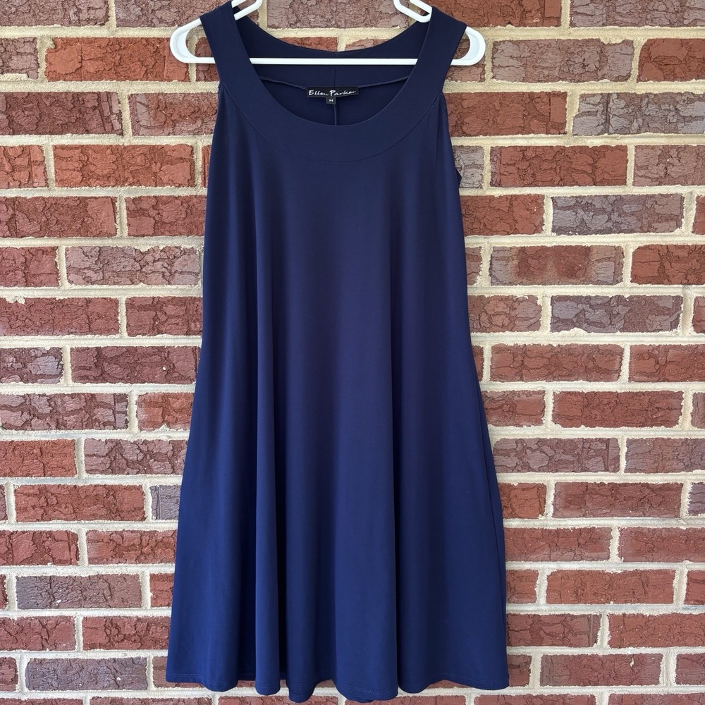 Ellen Parker Swing Trapeze Dress Women's M Navy Sleeveless‎ Stretch Resort